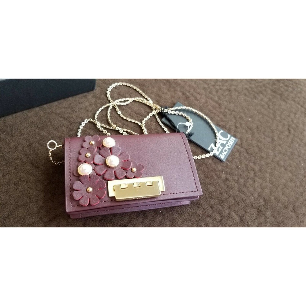 ZAC POSEN Card Case Eartha Leather Floral English Rose Gold Chain Authentic New